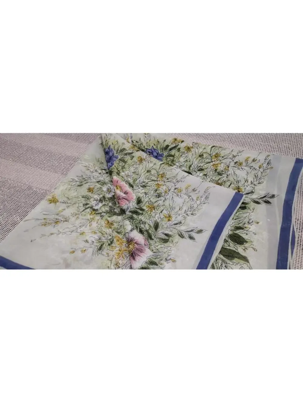 Vintage 1950s Fine Silk Scarf Periwinkle Flowers Pink Jade Green Hand Sewn Edges